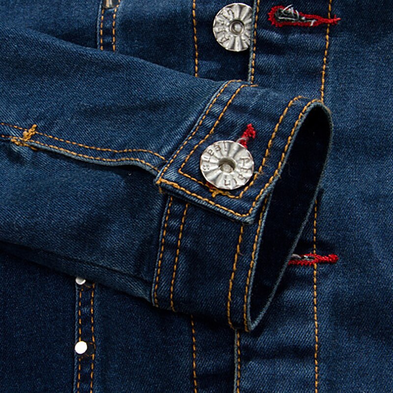 Sokotoo Men's slim English flag patch design rivet jean jacket Casual dark blue washed denim coat Outerwear