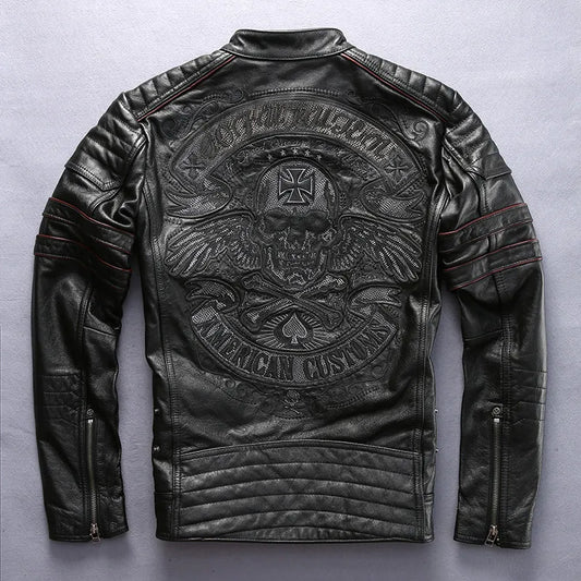 Factory 2019 Men Retro Vintage Leather Biker Jacket Embroidery Skull Pattern Black Slim Fit Men Winter Motorcycle Coat M-4XL