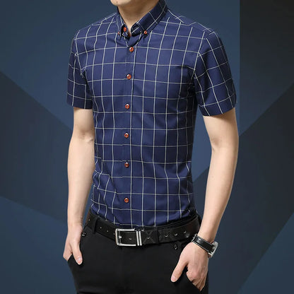 Men Shirt Men's Shorts Sleeve Slim Fit Checkered   Dress Shirt 2023 Summer Camisa Social Masculina Chemise Homme