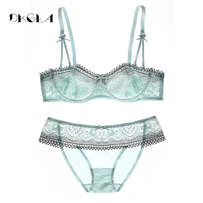 Young Girl Ultrathin Half Cup Bra Plus Size D Cup Lace Transparent Bras Set Sexy Green Underwear Women Sets Hollow Out Brassiere