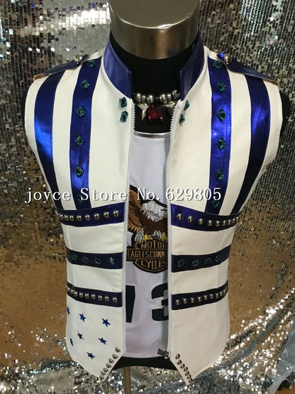 Hiphop Jazz White Zipper Blue Leather Vest Jacket Male Singer outfit Costume Rhinestone Punk Ds Dj Outerwear Nightclub Clothing