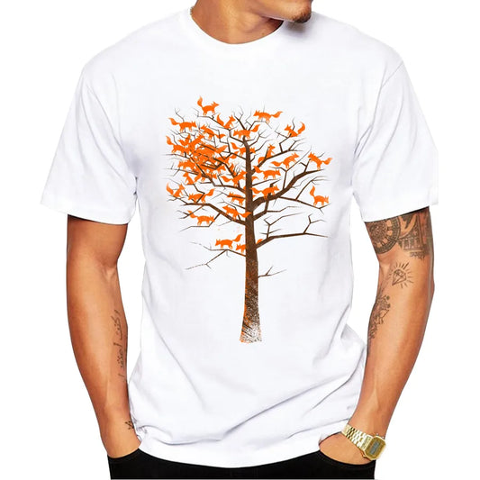 2023 Fashion Blazing Fox Tree Design Men T shirt Short Sleeve t-shirt Hipster Foxes Cartoon Printed tees Cool Tops