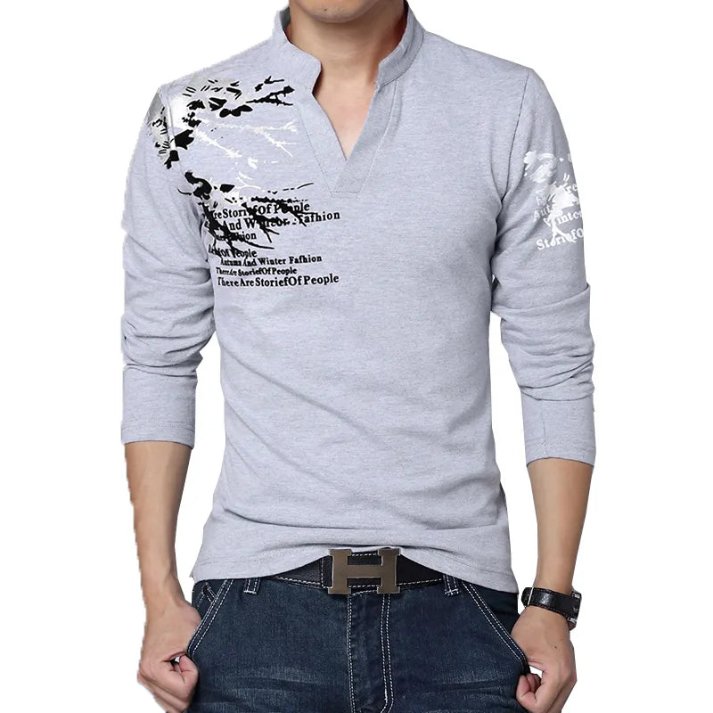 Men's T Shirt Fashion Flower Print V Neck Long Sleeve T Shirt Mens Clothes Trend Casual Top Tee