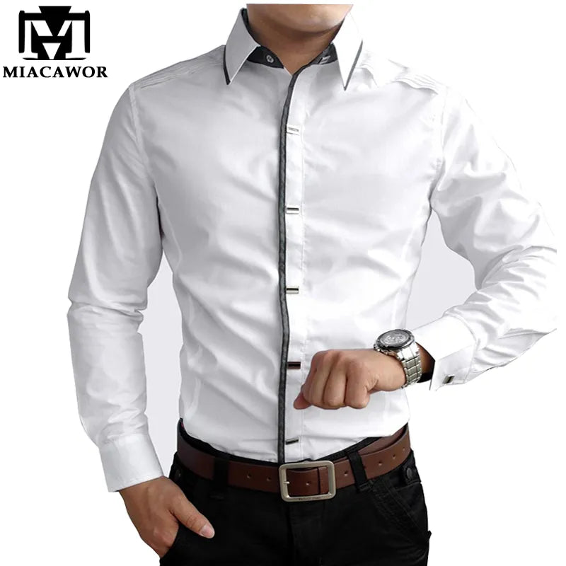 MIACAWOR Top Quality Shirt Men 100% Cotton Dress Shirts Spring Long Sleeve Casual Shirt Men Wedding White Shirts Men C013