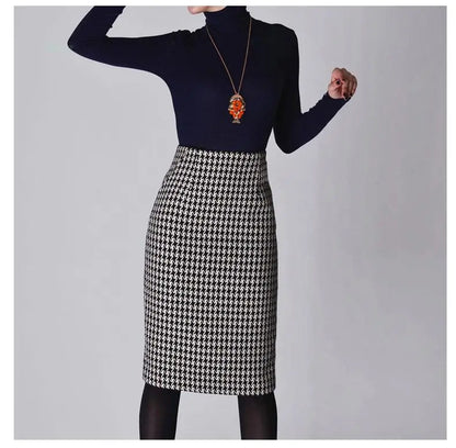 New Spring Autumn Winter Skirts Women High Waist Woolen Skirt Mid Long Houndstooth Skirt Slim Pencil Skirts Female