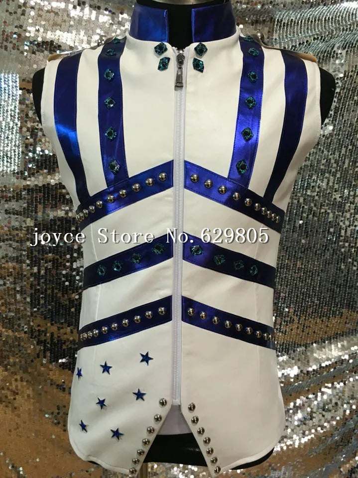 Hiphop Jazz White Zipper Blue Leather Vest Jacket Male Singer outfit Costume Rhinestone Punk Ds Dj Outerwear Nightclub Clothing