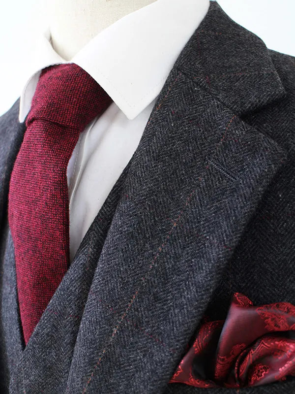 Wool Dark Grey Herringbone Tweed tailor slim fit wedding suits for men Retro gentleman style custom made mens 3 piece suit