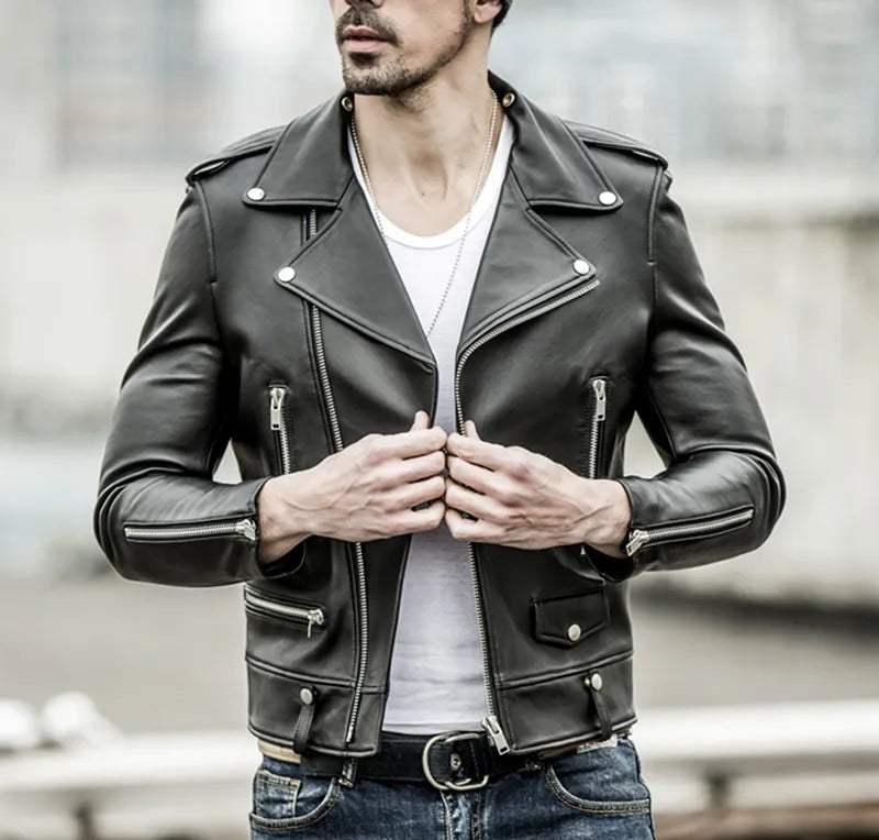 New black men's sheepskin jacket biker soft genuine leather coat fashion plus size style leather cloth