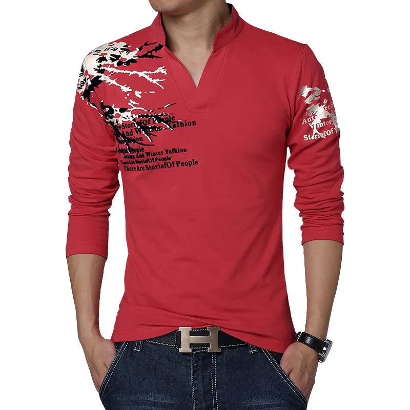 Men's T Shirt Fashion Flower Print V Neck Long Sleeve T Shirt Mens Clothes Trend Casual Top Tee