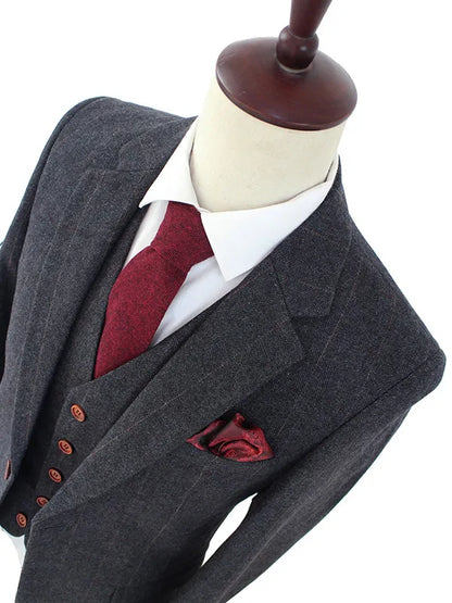 Wool Dark Grey Herringbone Tweed tailor slim fit wedding suits for men Retro gentleman style custom made mens 3 piece suit