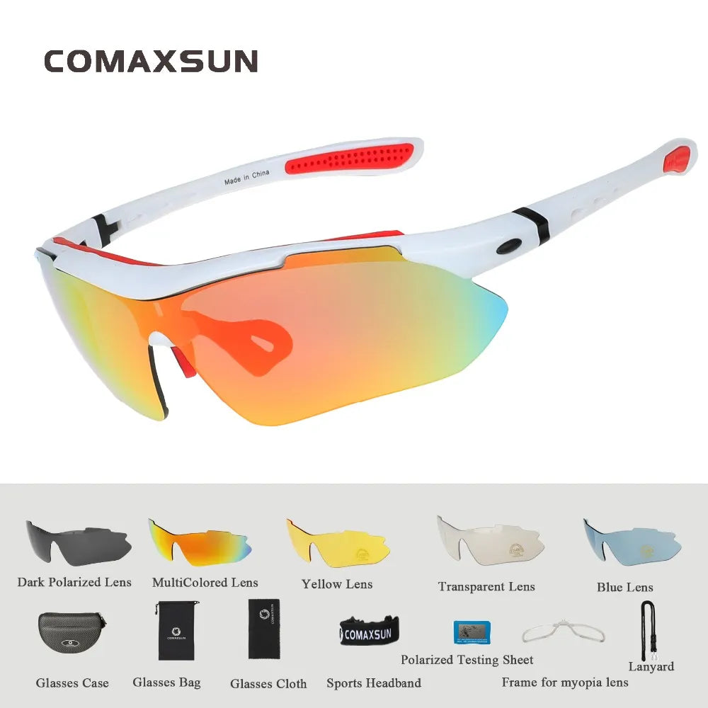 COMAXSUN Professional Polarized Cycling Glasses Bike Goggles Outdoor Sports Bicycle Sunglasses UV 400 With 5 Lens TR90 2 Style