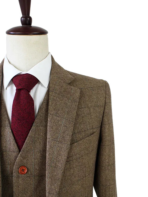 tailor made slim fit suits for men retro wool Brown Herringbone Tweed wedding dress custom mens 3 piece suit Blazers
