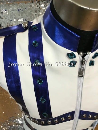 Hiphop Jazz White Zipper Blue Leather Vest Jacket Male Singer outfit Costume Rhinestone Punk Ds Dj Outerwear Nightclub Clothing