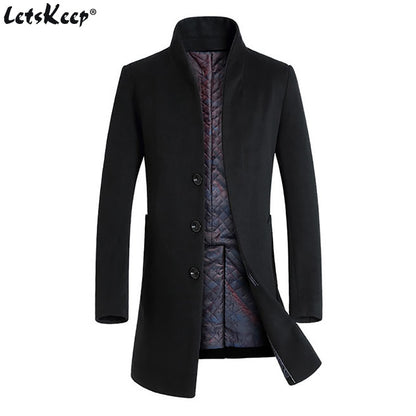 Letskeep New Winter woolen long peacoat men slim fit casual thick overcoat mens warm Windbreaker trench coat Jackets, MA209