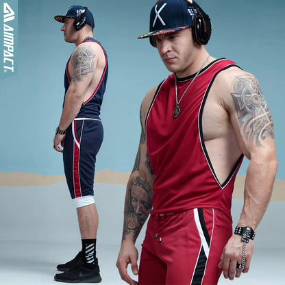 Aimpact Men's Vigor Tank Tops Fitness Bodybuiding Clothing Low Cut Side Arm Holes Mesh Activewear Summer Vest  Tank Tops SXB051
