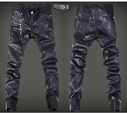 2022 fashion skinny skull Spliced leather pants men casual slim fit washing Locomotive leather pants men feet pants,28-36