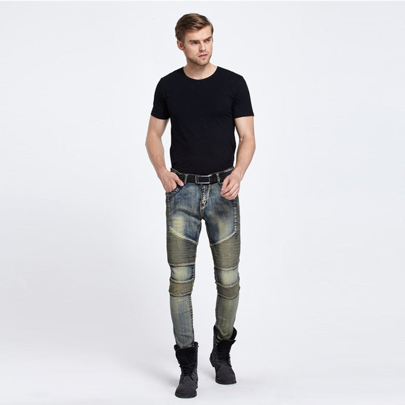 Wholesale & retail Mens Skinny jeans men 2016 new brand Runway slim elastic denim Biker jeans hiphop motorcycle Cargo pants