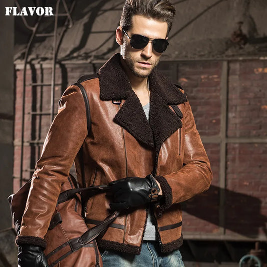 Men's Genuine Leather Pigskin Motorcycle Real Leather Jackets With Faux Fur Shearling Aviator Bomber Jacket Winter Coat Men