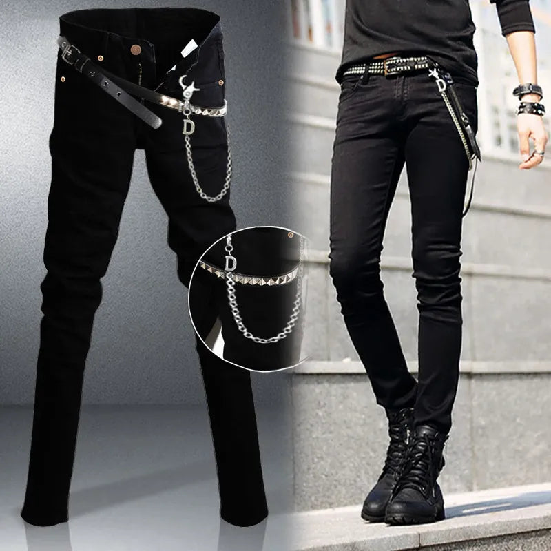 Idopy Hot Selling Men`s Korean Designer Black Slim Fit Jeans Punk Cool Super Skinny Pants With Chain For Male