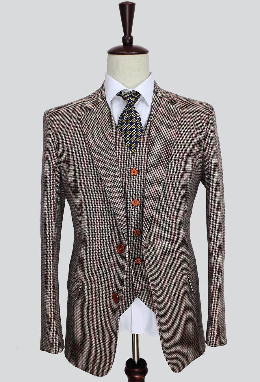 Wool Brown Classic Tweed custom made slim fit mens 3 piece suits gentleman style tailor wedding party dresses suits for men