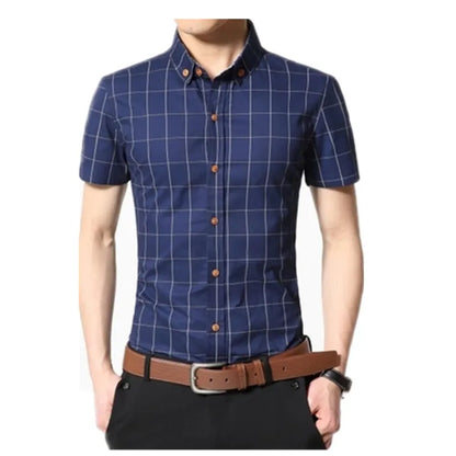 Men Shirt Men's Shorts Sleeve Slim Fit Checkered   Dress Shirt 2023 Summer Camisa Social Masculina Chemise Homme