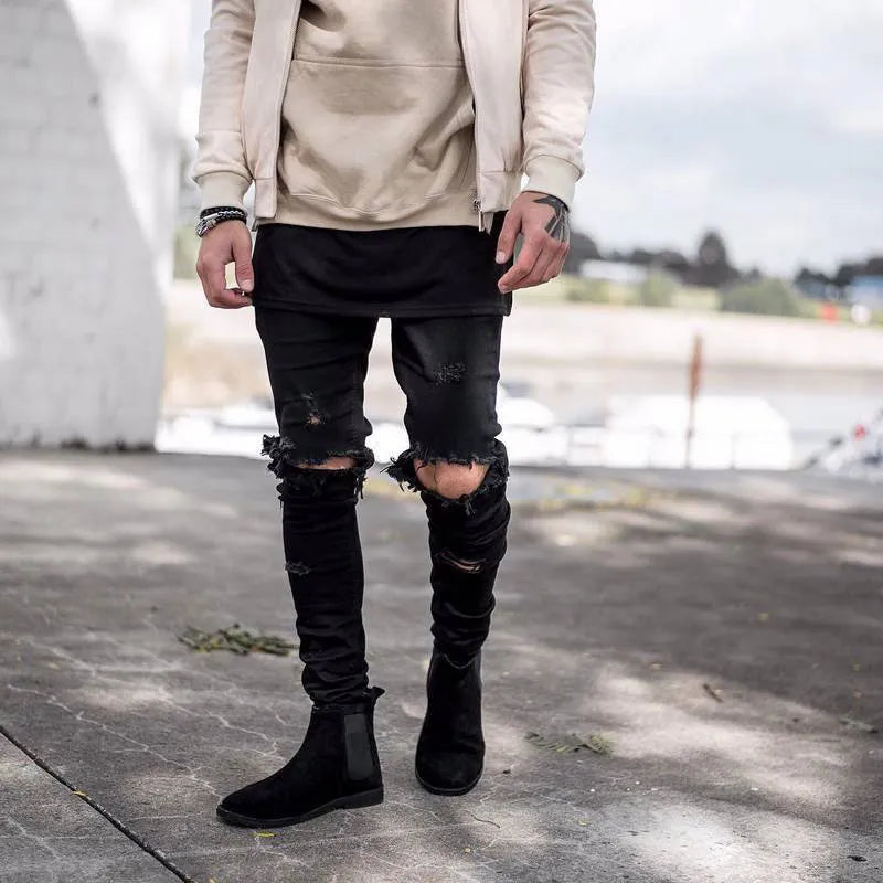 Idopy Cool Mens Hip Hop Skinny Pencil Denim Pants Destroyed Distressed Ripped Jeans With Holes For Male