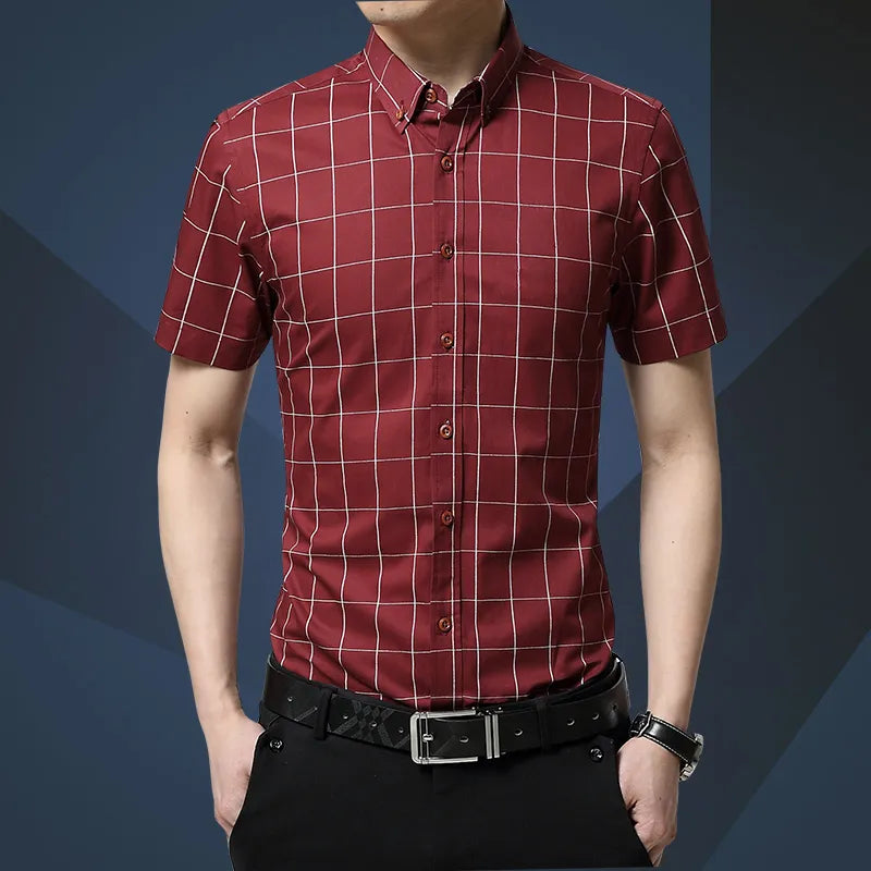 Men Shirt Men's Shorts Sleeve Slim Fit Checkered   Dress Shirt 2023 Summer Camisa Social Masculina Chemise Homme