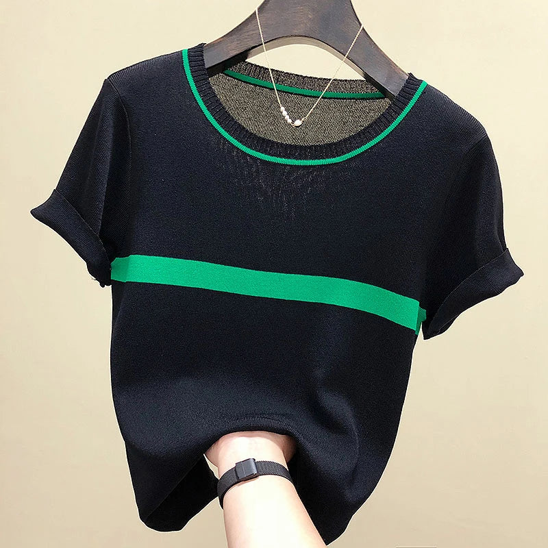 shintimes Thin Knitted T Shirt Women Clothes 2022 Summer Woman Short Sleeve Tees Tops Striped Casual T-Shirt Female Tshirt Femme