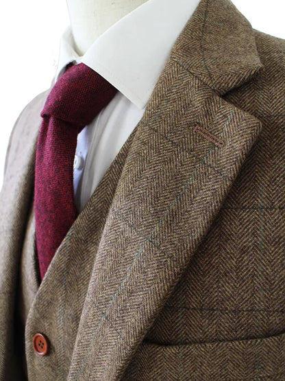tailor made slim fit suits for men retro wool Brown Herringbone Tweed wedding dress custom mens 3 piece suit Blazers