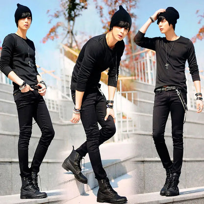 Idopy Hot Selling Men`s Korean Designer Black Slim Fit Jeans Punk Cool Super Skinny Pants With Chain For Male