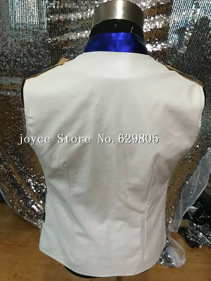 Hiphop Jazz White Zipper Blue Leather Vest Jacket Male Singer outfit Costume Rhinestone Punk Ds Dj Outerwear Nightclub Clothing