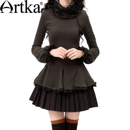 ARTKA Women's Autumn Vintage Slim Basic T-Shirt Removable Scarf Long-Sleeve Lace Ruffled Hem Casual T-shit ZA10032D