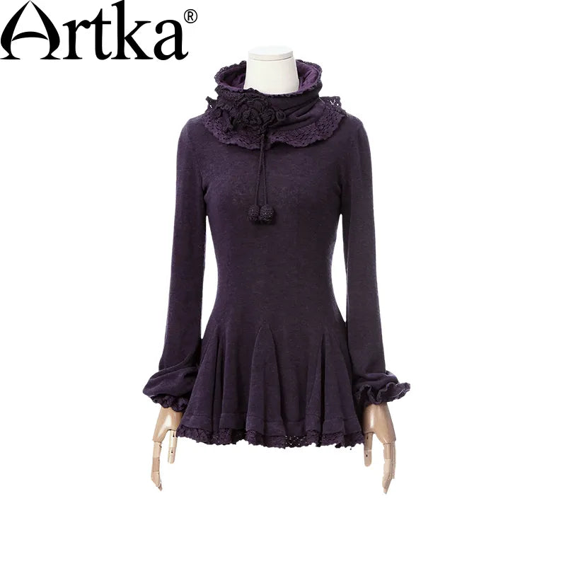 ARTKA Women's Autumn Vintage Slim Basic T-Shirt Removable Scarf Long-Sleeve Lace Ruffled Hem Casual T-shit ZA10032D