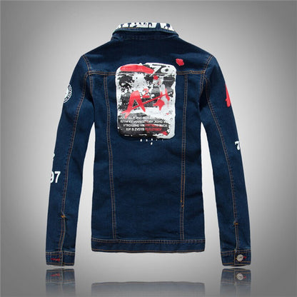 Sokotoo Men's slim English flag patch design rivet jean jacket Casual dark blue washed denim coat Outerwear
