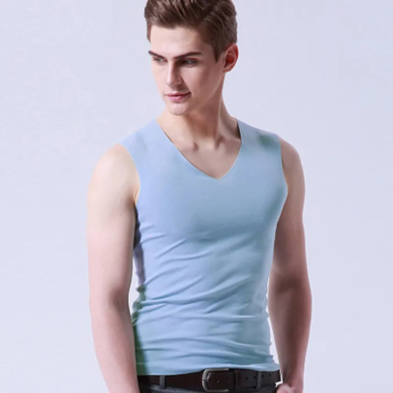 Ice Silk Mens Solid Tank Tops Sexy V Neck Sleeveless Vests Male No Trace Youth Elastic Fitness Casual Bodybuilding Suits