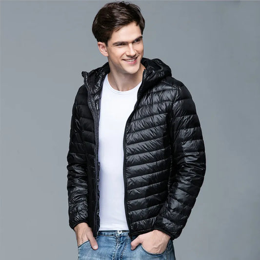 Men Fluffy Winter Coat Fashion Hooded 90% White Duck Down Jackets Ultralight Puffer Down Coat Portable Slim Down Parkas 5XL 6XL