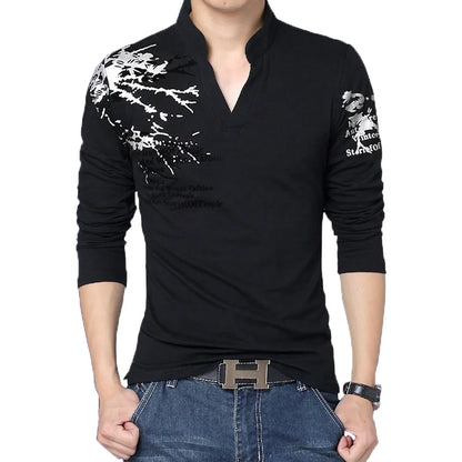 Men's T Shirt Fashion Flower Print V Neck Long Sleeve T Shirt Mens Clothes Trend Casual Top Tee