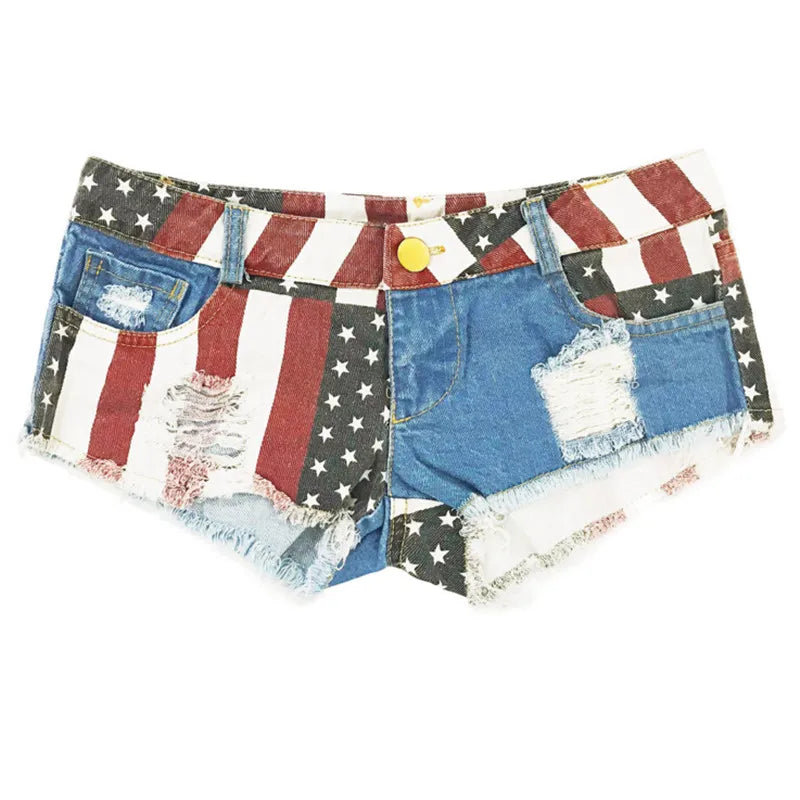 Mid Waist Jeans Shorts 2021 Women New Fashion USA Flag Printed Denim Pole Dance Skinny Hot Hole Short Pants S-XXL