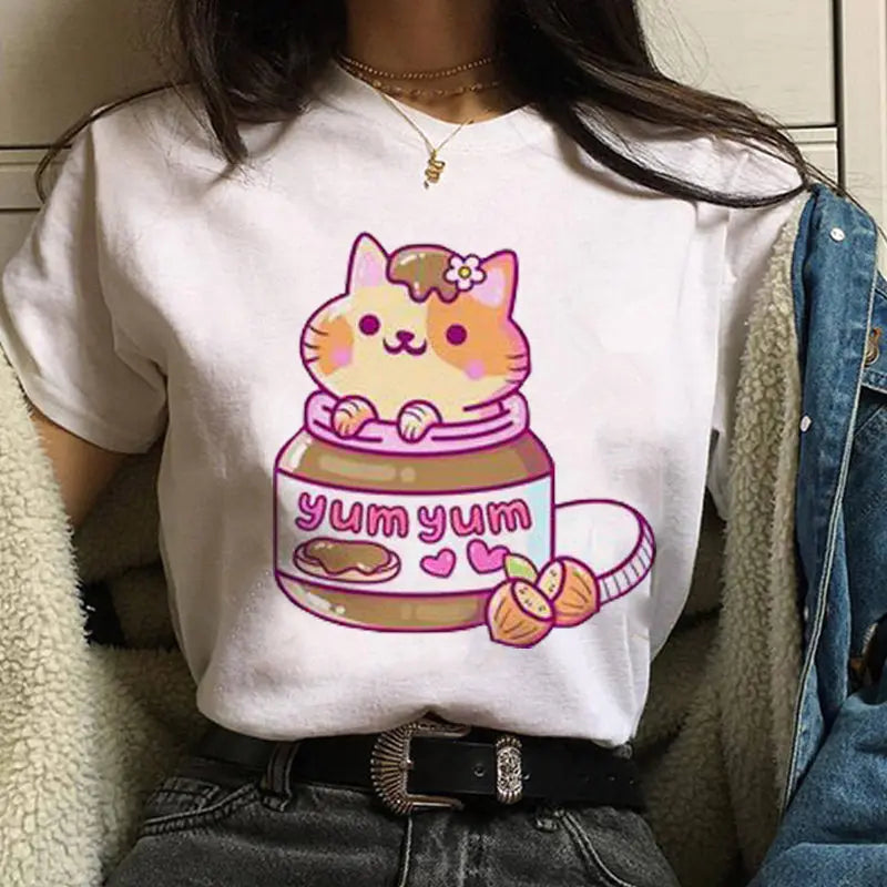 New Lovely Nutella Printed Women T-shirts Harajuku Cartoon Print Shirts Female Short Sleeve O-neck Top Tees Funny Tshirt