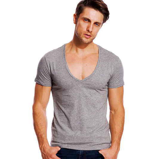 Deep V Neck T-Shirt Men Fashion Compression Short Sleeve T Shirt Male Muscle Fitness Tight Summer Top Tees