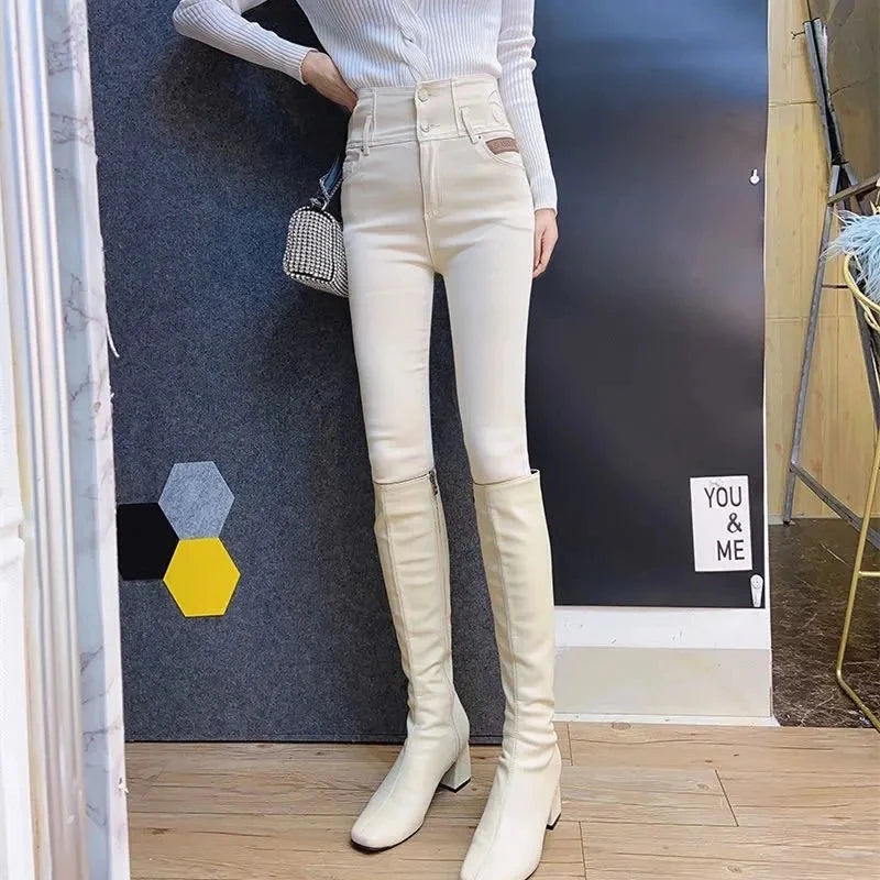 Korean Fashion Apricot Skinny Pants Women High Waist Stretch Jeans Pants Sexy Pencil Capris Streetwear Hip Lift Denim Legging