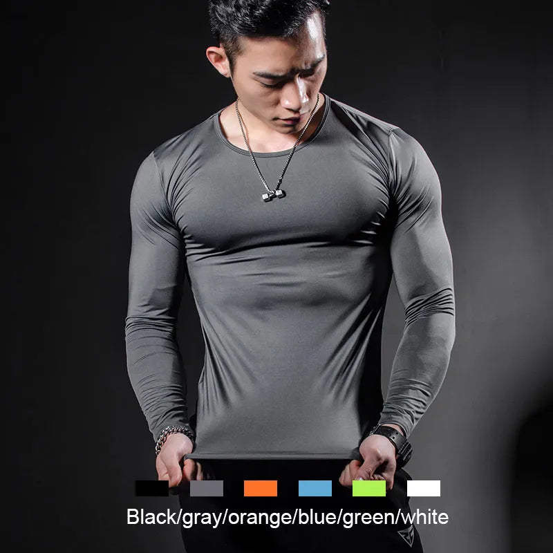 2022 Spring Solid Color Compression Men Long Sleeves T-shirt Bodybuilding Polyester Tops S-XXL Size Fitness Male Clothing