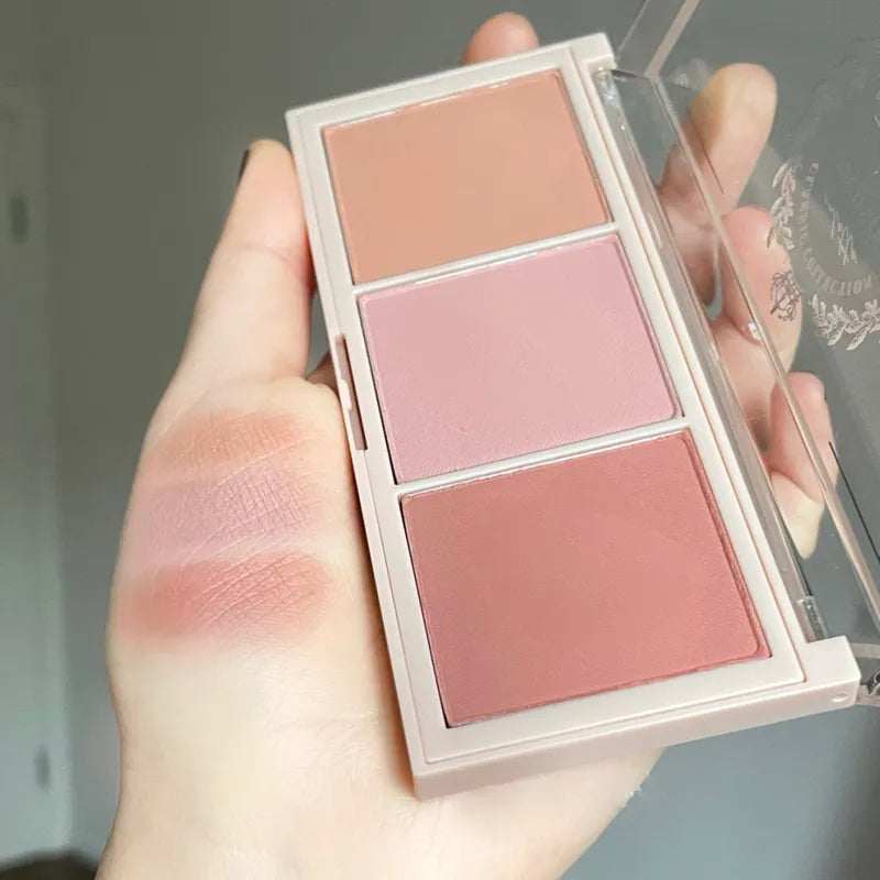 3 In 1Milk Tea Blush Peach Pallete 3 Colors Face Mineral Pigment Cheek Blusher Powder Makeup Contour Shadow Blush with Brush