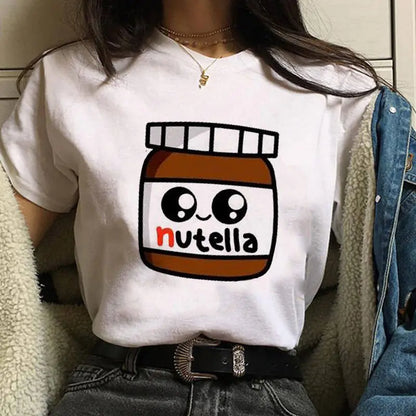 New Lovely Nutella Printed Women T-shirts Harajuku Cartoon Print Shirts Female Short Sleeve O-neck Top Tees Funny Tshirt