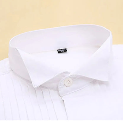 Wing Tip Collar Tuxedo Shirt Long Sleeve Men's French Cuff Button Wedding Dress Shirts Wingtip White Black Pleat with Bowtie