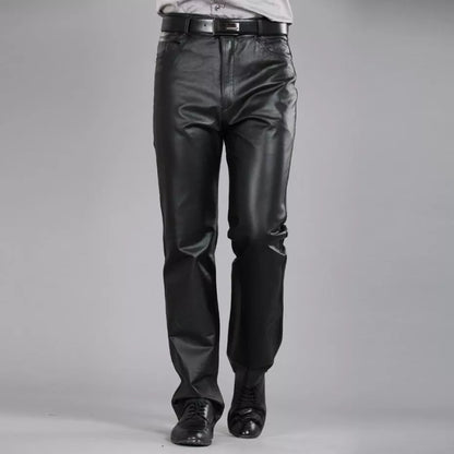 Men Leather Pants Autumn Winter Men Large Size Straight Pants Sheepskin Pants Zipper Fly Regular Full Length Pants 7XL