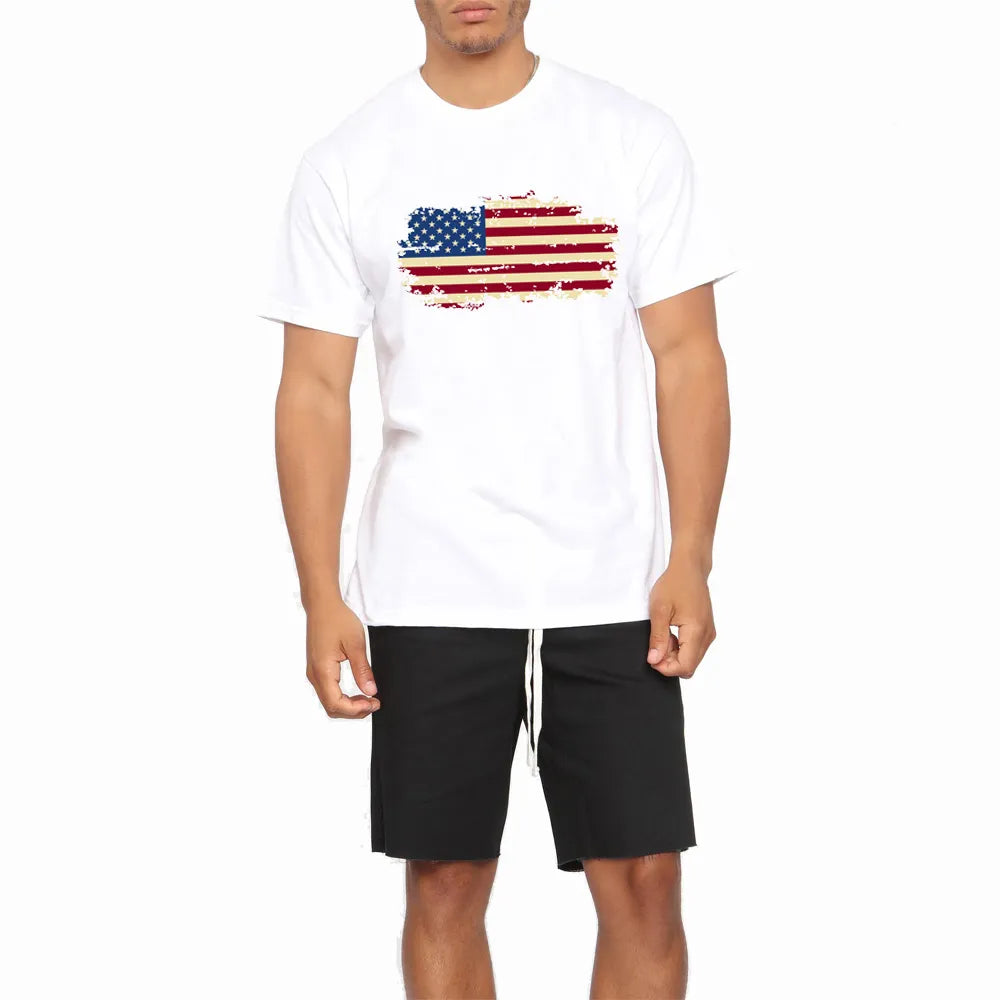 BLWHSA Summer USA Flag Men T shirts 100% Cotton Short Sleeve Fans Nostalgia United States Flag Style T-shirts For Men