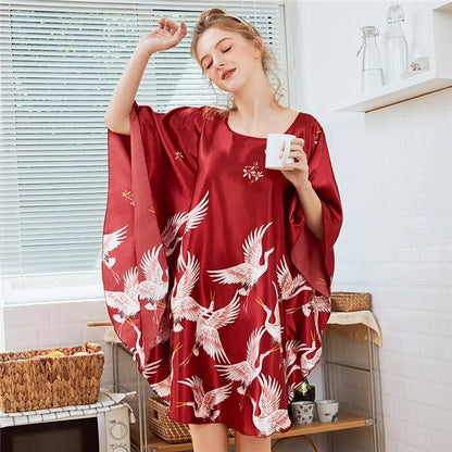 Summer Women Nightgown Print Sleepwear Night Bath Dress Gown Satin Sleep Shirt Sexy Nightshirt Home Clothes Intimate Lingerie