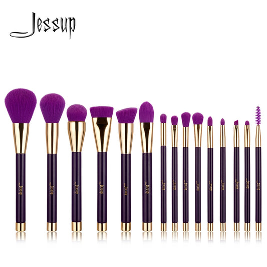 Jessup Brushes 15pcs Purple/Darkviolet Makeup Brushes Set Powder Foundation Eyeshadow Eyeliner Lip Contour Concealer Smudge