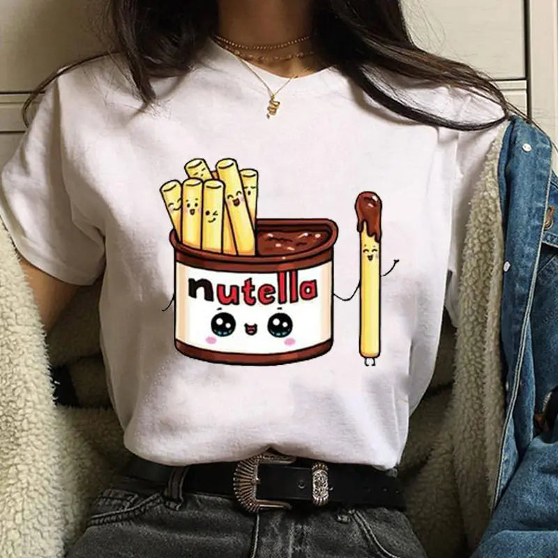 New Lovely Nutella Printed Women T-shirts Harajuku Cartoon Print Shirts Female Short Sleeve O-neck Top Tees Funny Tshirt